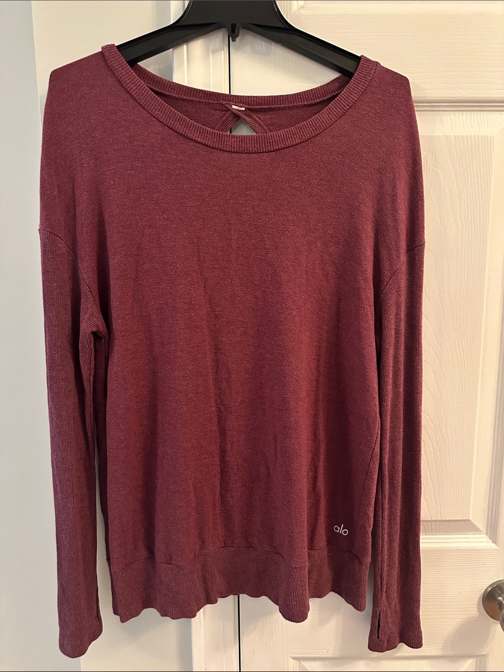 ALO Yoga Textured Long Sleeve Crew Pullover Open Back Detail - Wine- Best for L